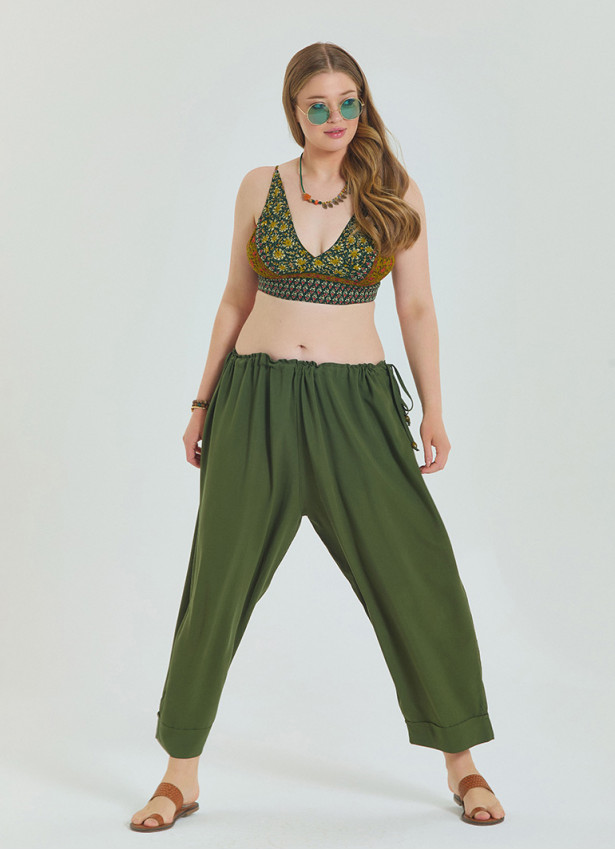 P Adjustable Waist Khaki Women's Plus Size Trousers with Rope Detail 4621